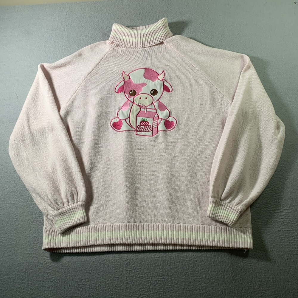 Hot Topic Strawberry Milk Cow Turtleneck Sweater Pink Large